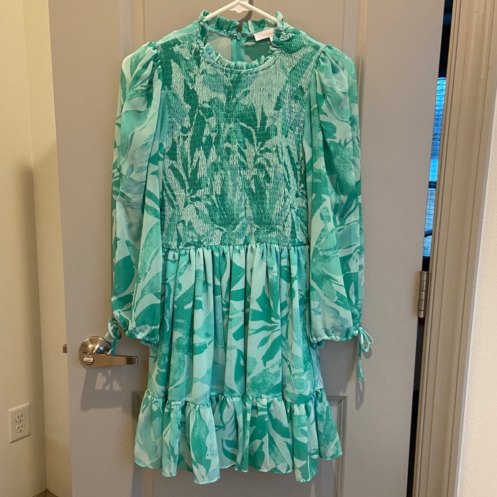 Olivaceous Green smocked, flounce, ruffle, tiered, mini dress, small.